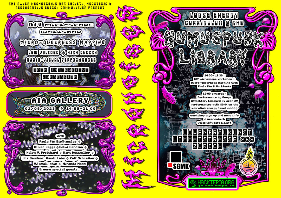 Poster for Loose energy curriculum event with details of the event written up in glossily baroque grayscale and pink punk fonts against assortments of tech and microscopic offerings