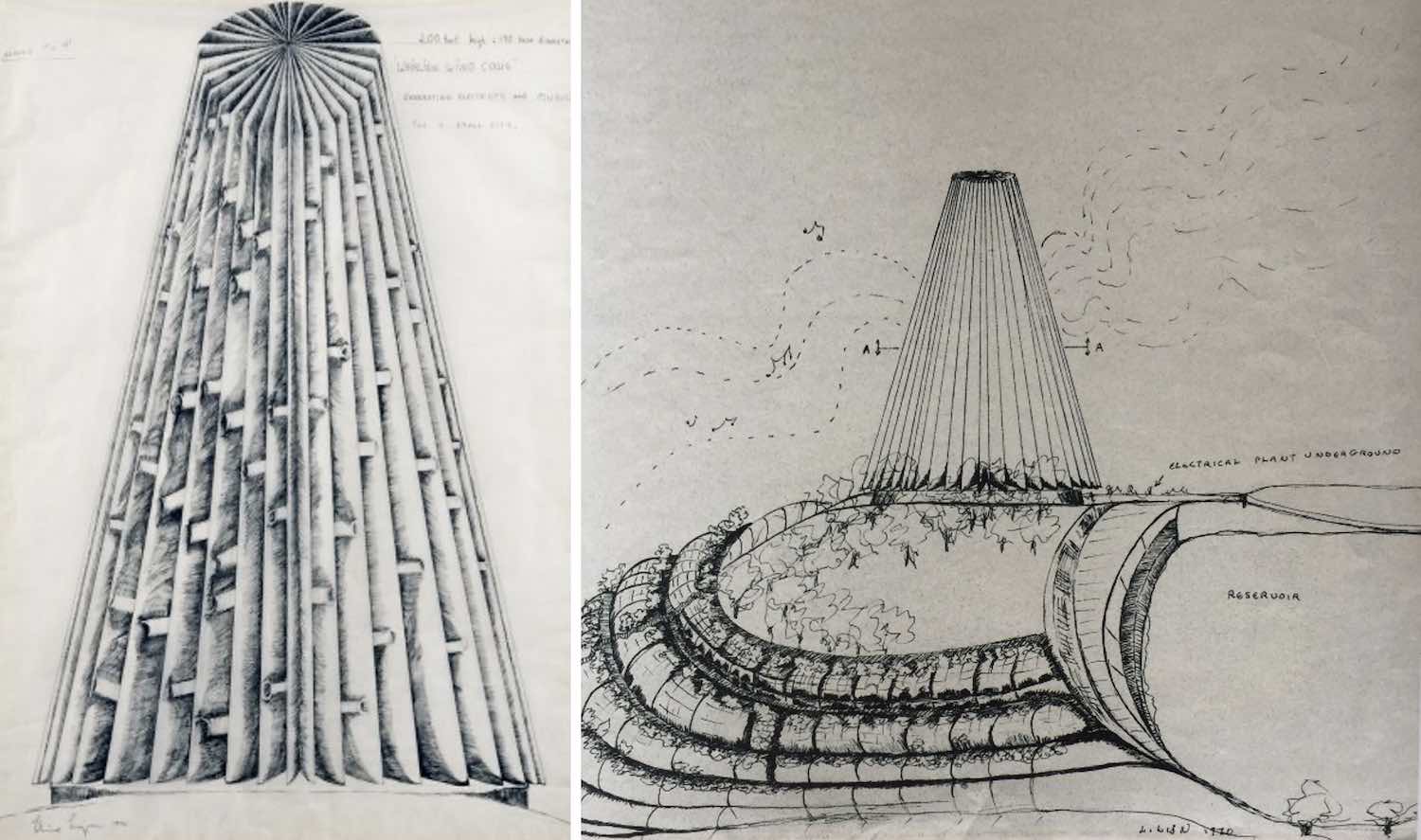scanned images of Liliane Lijn’s ‘Whirling Wind Tower’ sketches, one of the tower itself and one of the tower in the shared communal landscape