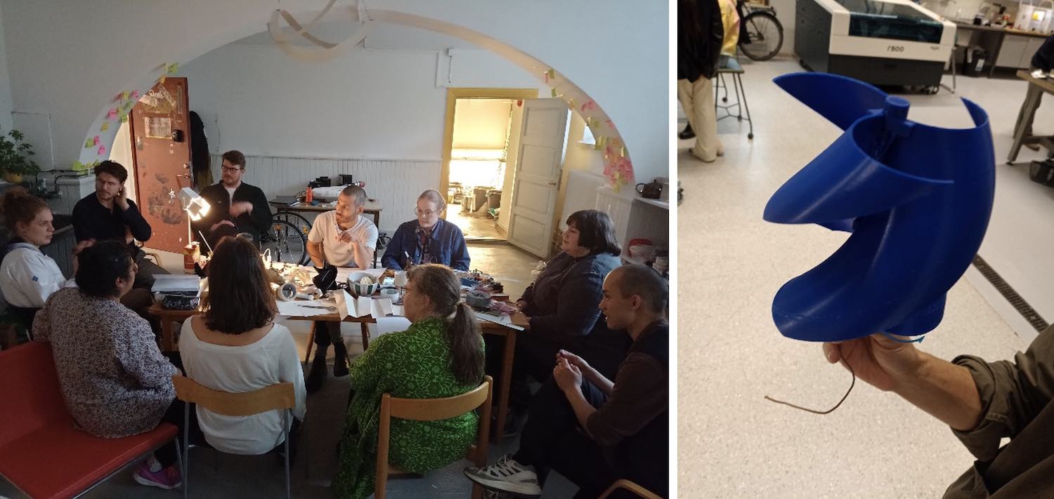 Two side by side photos, the first of Fred Carter's open lab with participants around a table discussing and the second of Regenerative Energy Communities 3d printed micro wind turbine