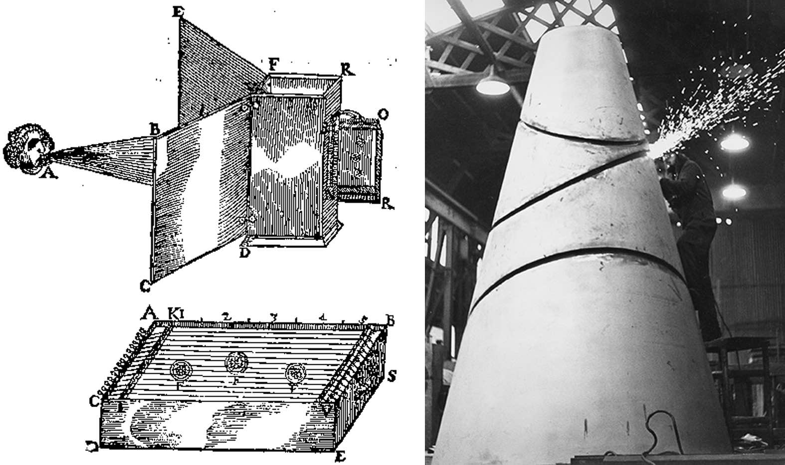two images side by side - the first being another image of Lijn's Whirling Windtower in landscape and the second older style images of aeolian harp designs