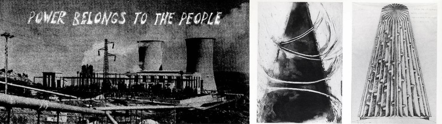 side by side images in which the first shows a nuclear power station with the words 