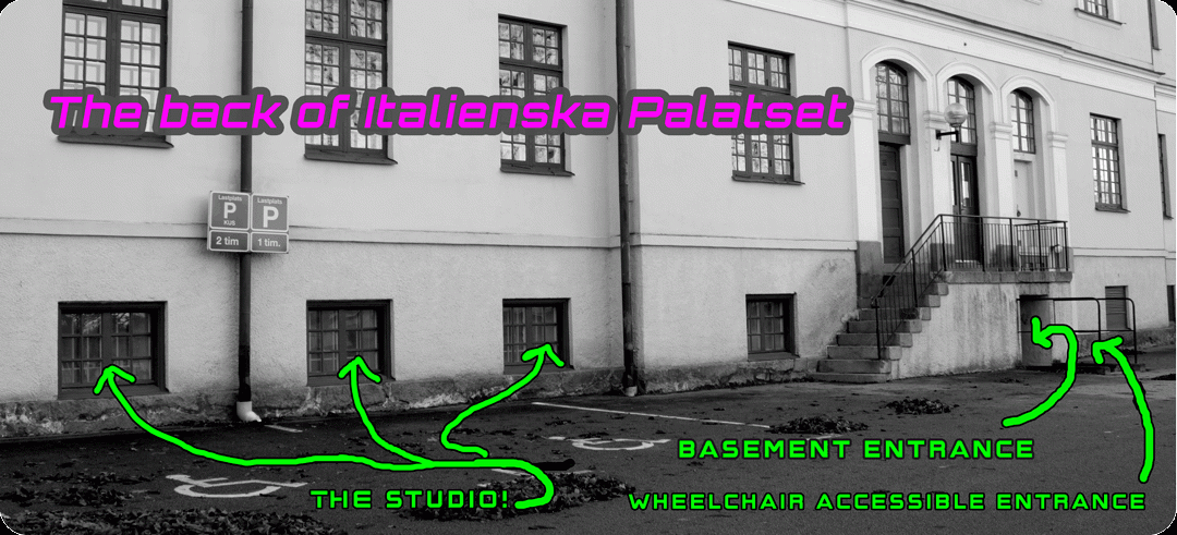 Photo of entrance to our basement studio with instructions for where to go