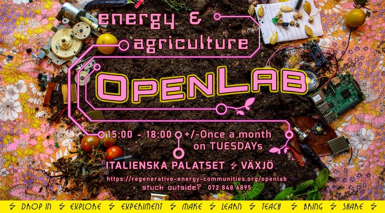 Energy and Agriculture Open Labs poster featuring a mashup of electronics, tomatoes, seeds and dirt on top of a floral table cloth