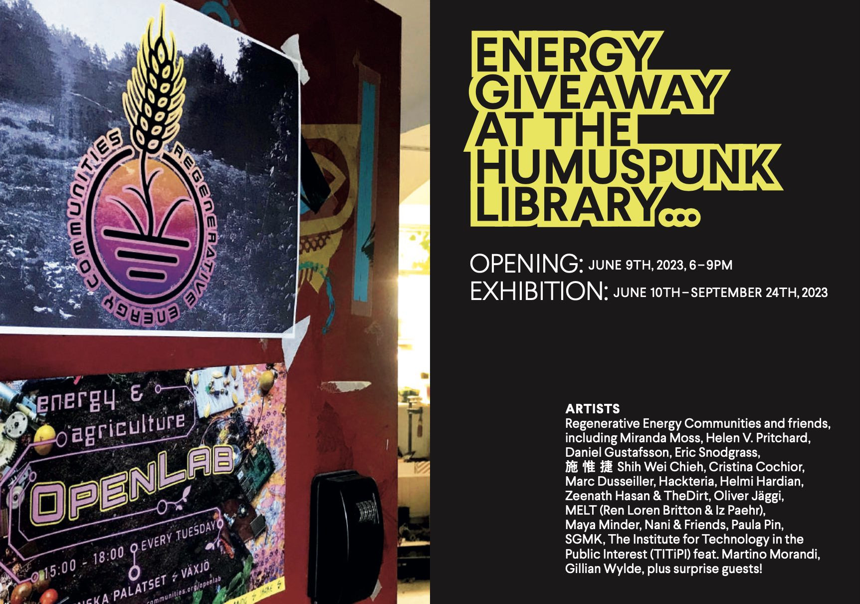 photo of a half open door to the REC studio along with exhibition title and names of artists involved in the show