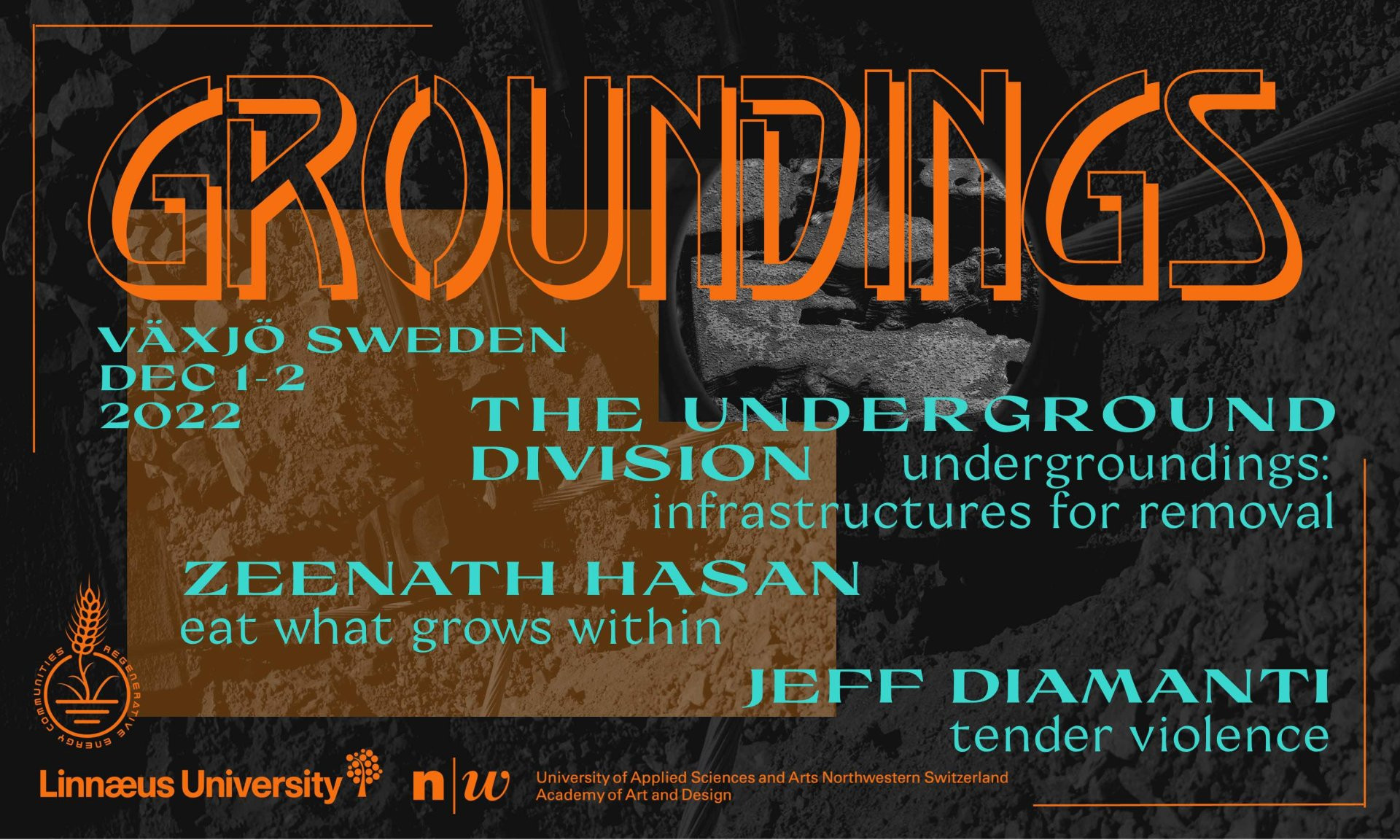 Poster for Groundings conference with large orange and artic blue text giving conference details against a background image of a large grounding rod in the soil