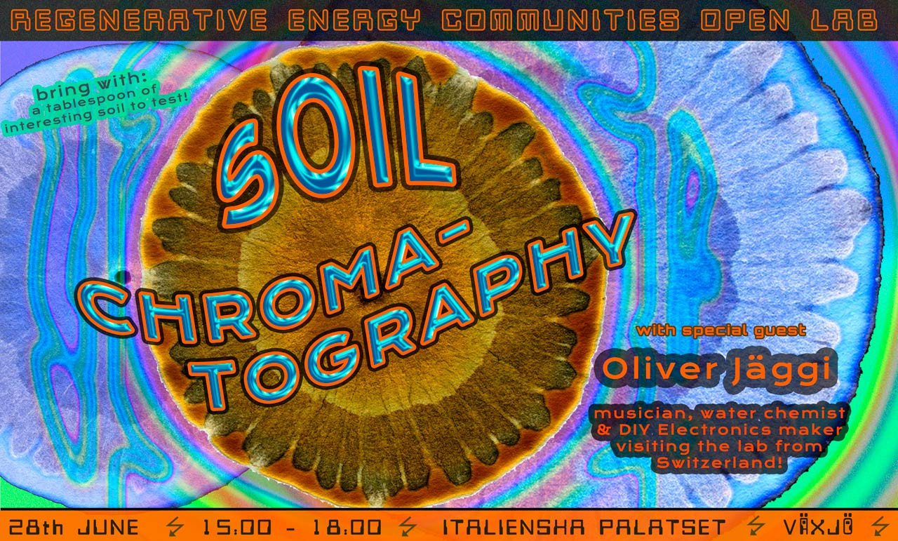 Poster for Poetichemistry of Soils open lab with radiating rainbows and bubbly text information