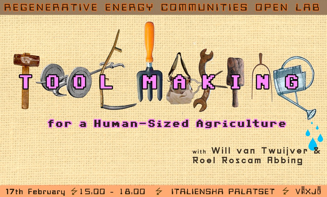 Poster for toolmaking workshop with various farming tools against backdrop of hessian style sack