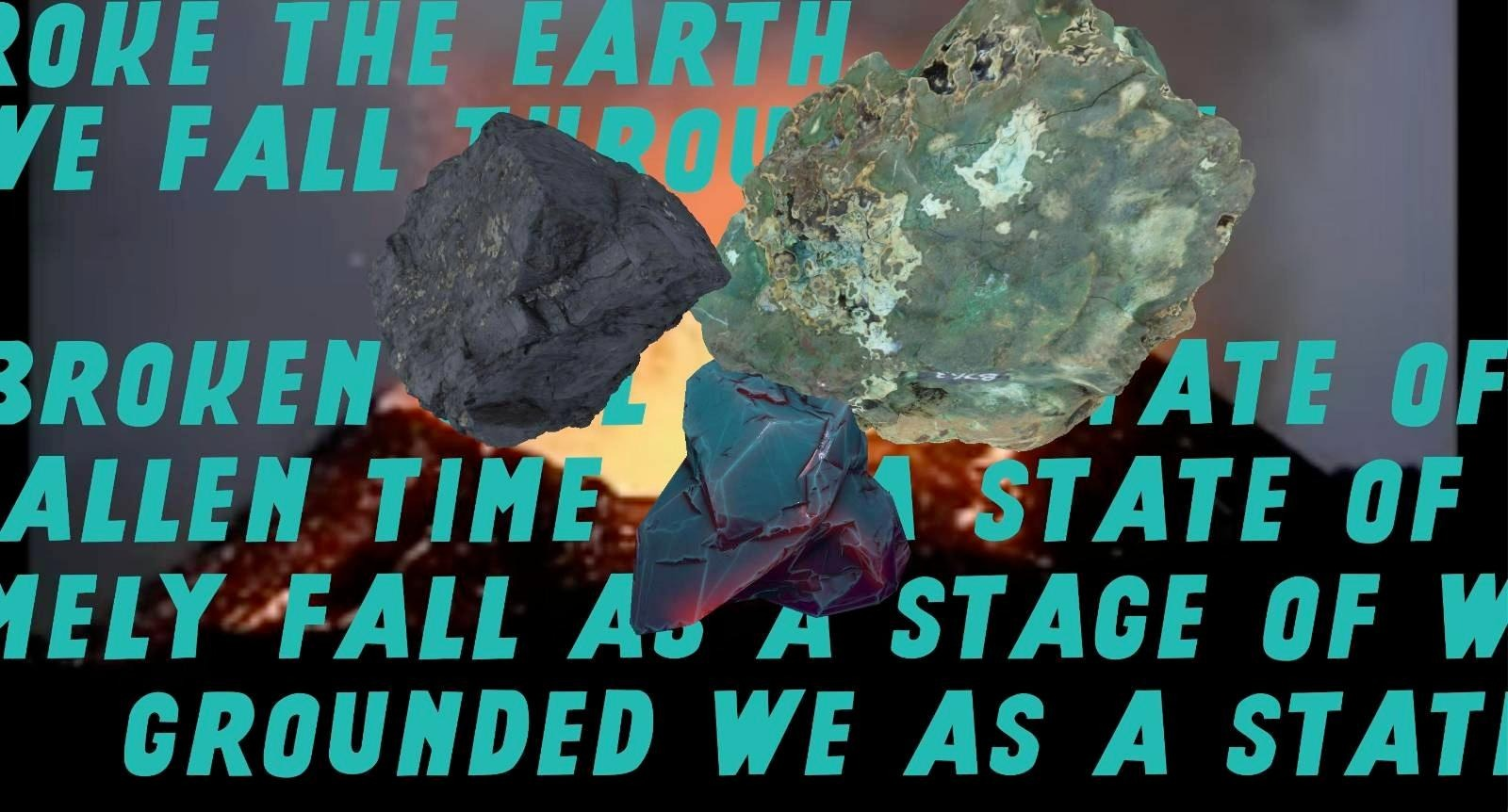 Still from the moving 3d animation Rock Repo with fragments of text overlayed by a rock amalgamation and volcano in background